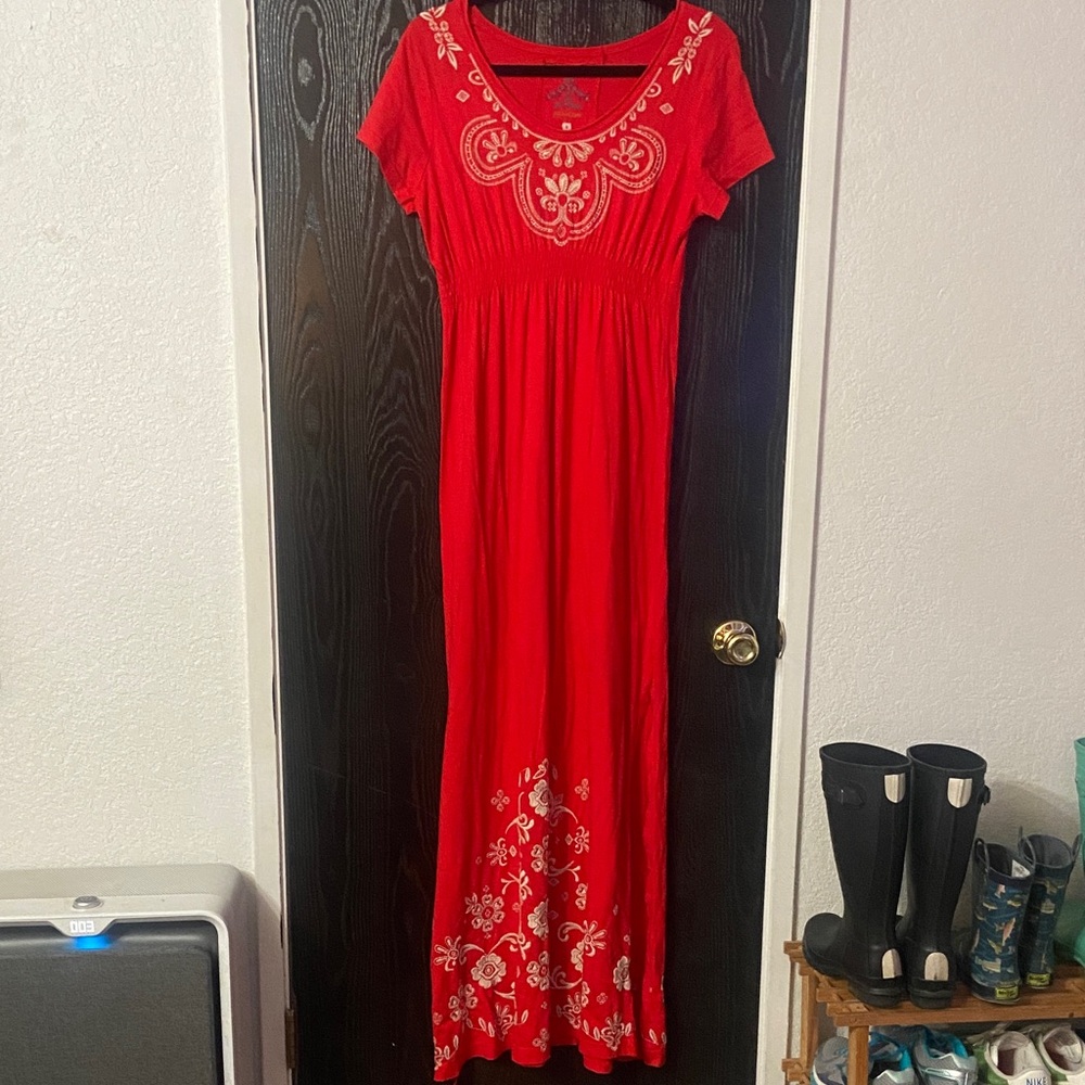 Johnny Was Boho Red Embroidered Short Sleeve Maxi Dress Size Small